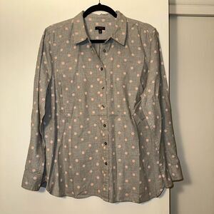 Talbots Petites XLP Collared Button Down LS Womens Shirt Gray Pink Polka Dot EUC